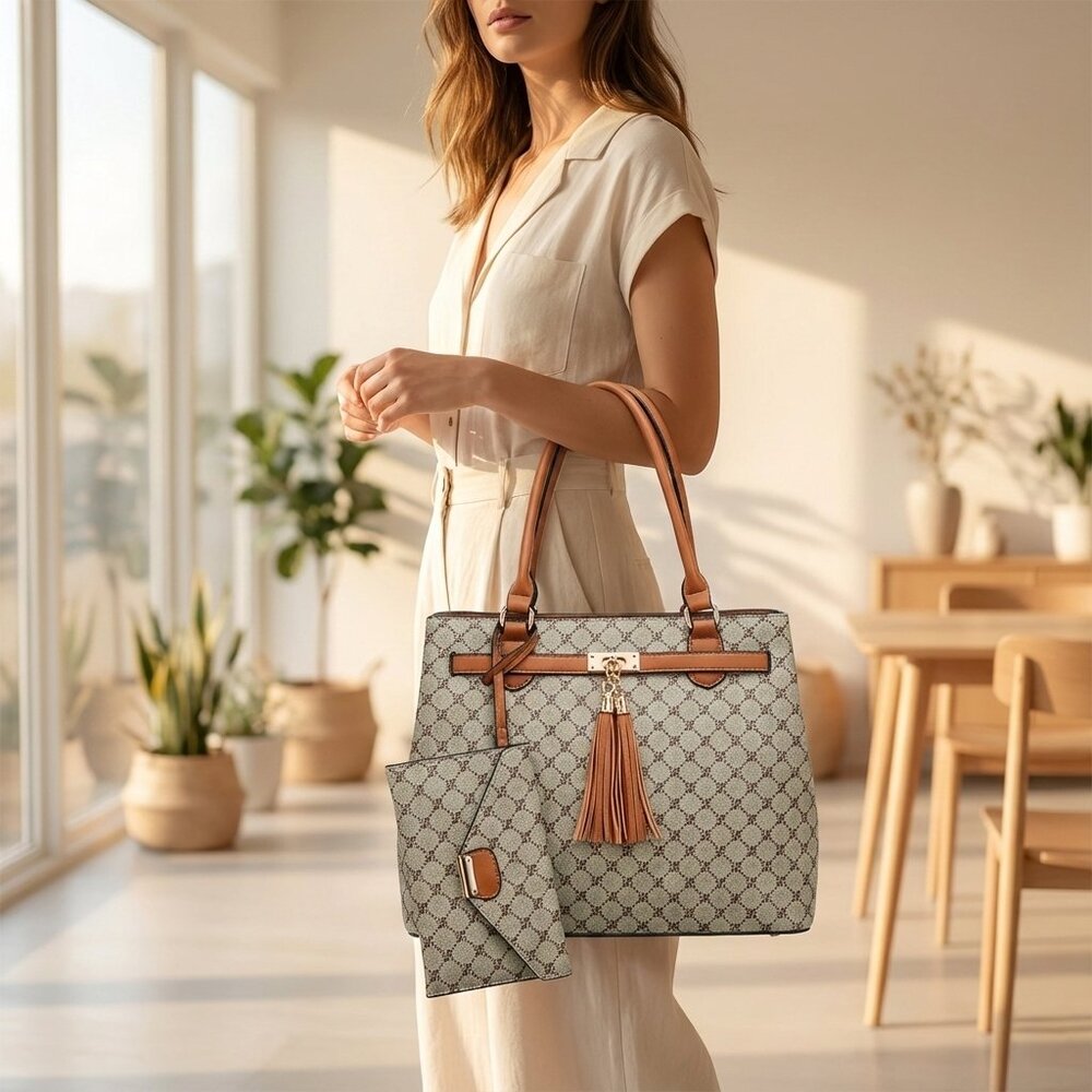 *2-Piece‎ Shoulder Bag  – Green/Gray – Brown Trim Detachable Crossbody Strap